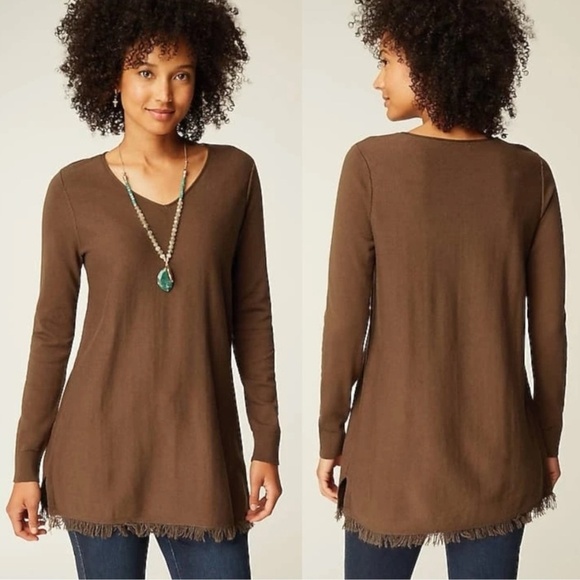 J Jill Easy Fringed Hem V Neck Tunic Sweater LP Chocolate Brown Boho Lagenlook - Picture 1 of 12